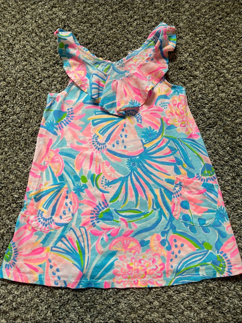 Lilly Pulitzer Pink & Blue Tropical Ruffle Sundress - Size Kids XS (2-3)